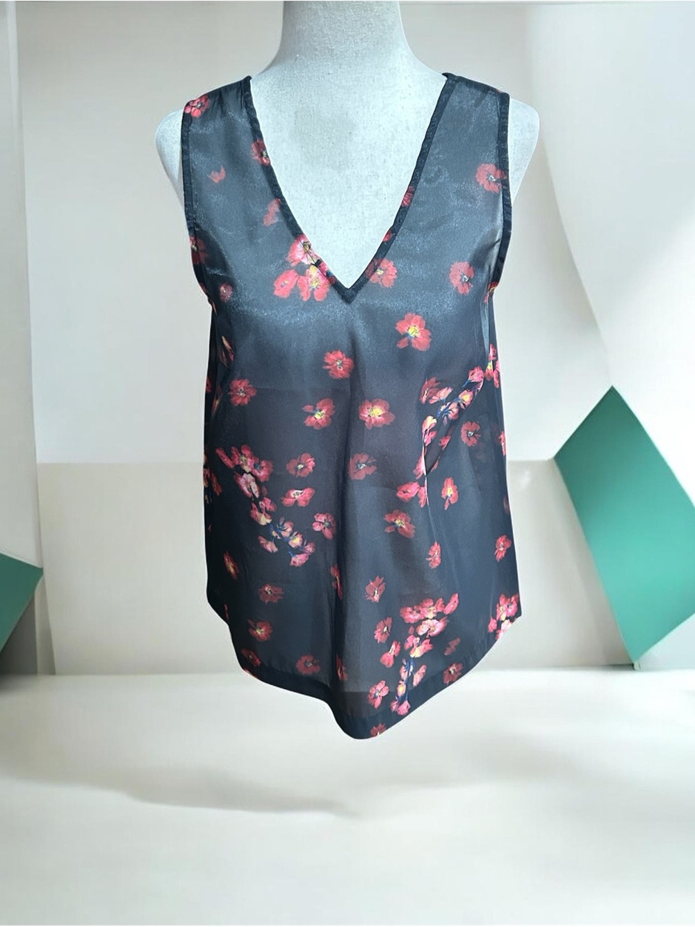 a new day Black V-Neck Floral Satin Camisole Sheer Size XS
